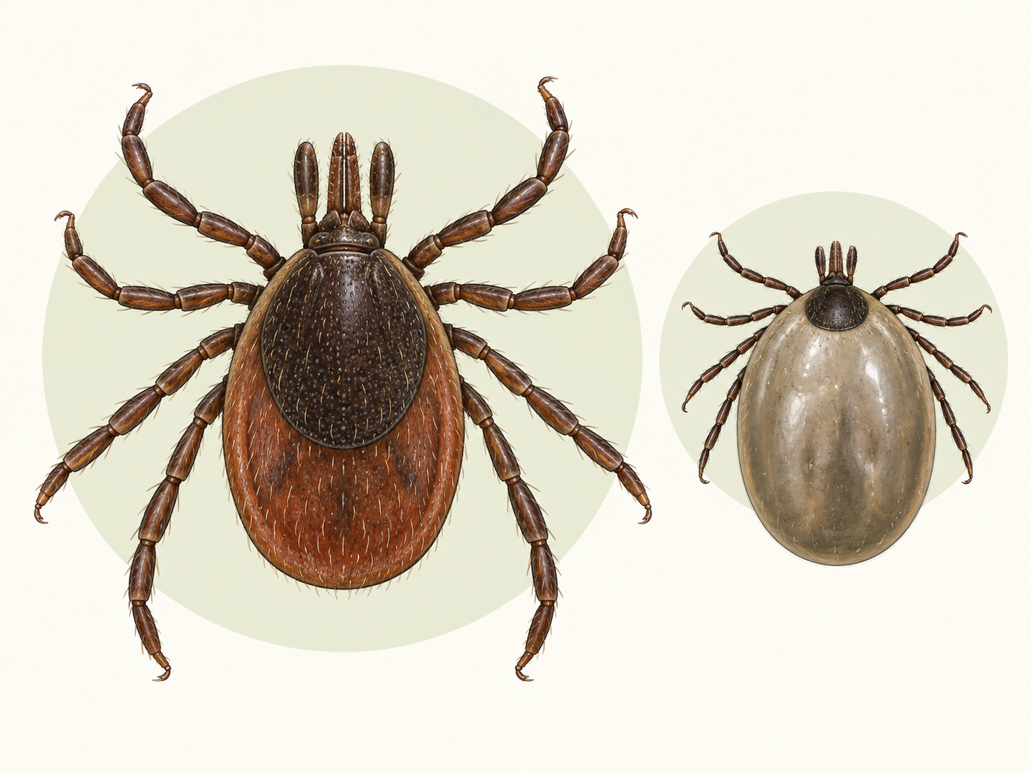 Veterinárna ilustrácia nenacicaného a krvou naplneného kliešťa